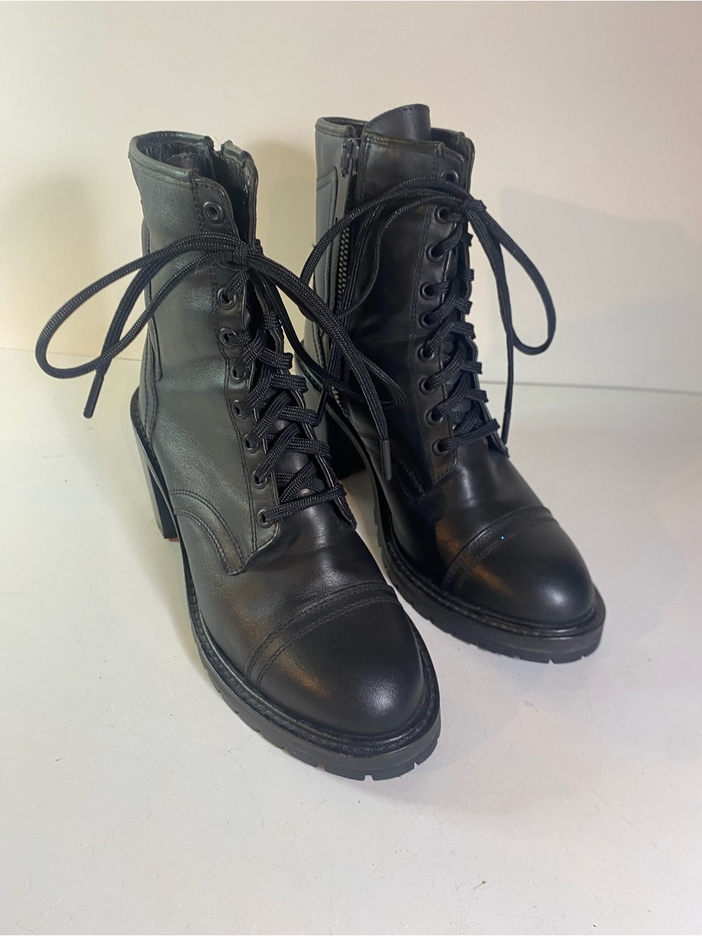 Thursday Boot Co Black Leather Front Lace Up Side Zip 3” Heel Rebel Boots Size 8
